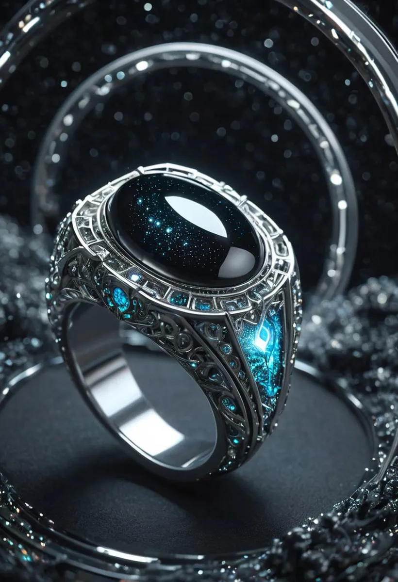 Ornate silver ring with a cosmic-themed, starry gemstone at its center, created using Stable Diffusion AI.