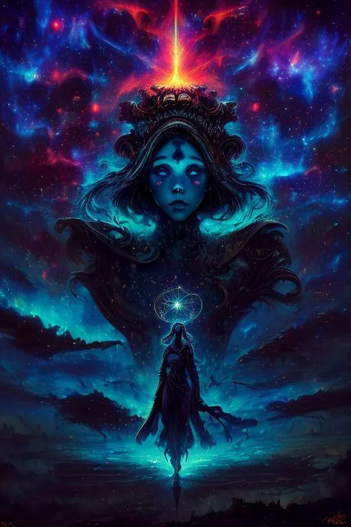 An AI generated image using stable diffusion featuring a cosmic deity and ethereal woman against a starry night background.