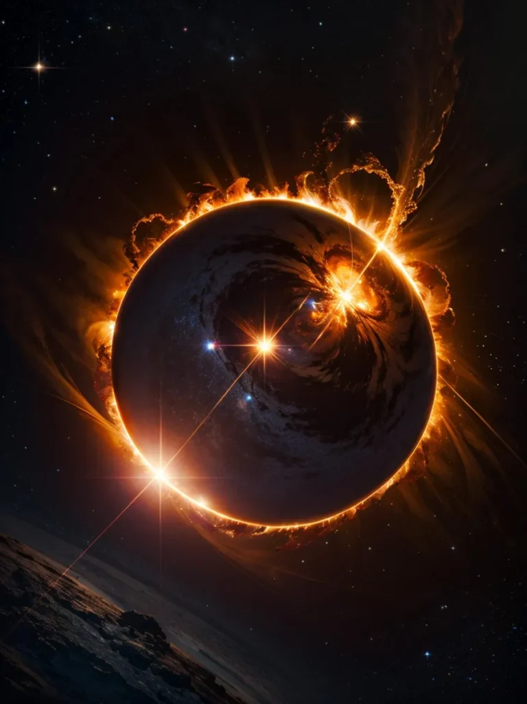 An AI generated image using stable diffusion showing a cosmic eclipse with a fiery planet surrounded by bright glowing flares against a star-speckled space backdrop.