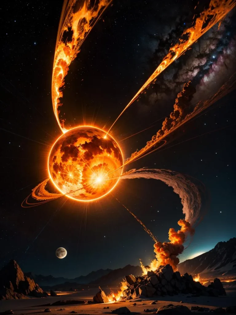 A vivid cosmic scene created by AI using stable diffusion, showcasing the explosion of a fiery planet with fiery plumes and debris illuminating a dark starry sky.
