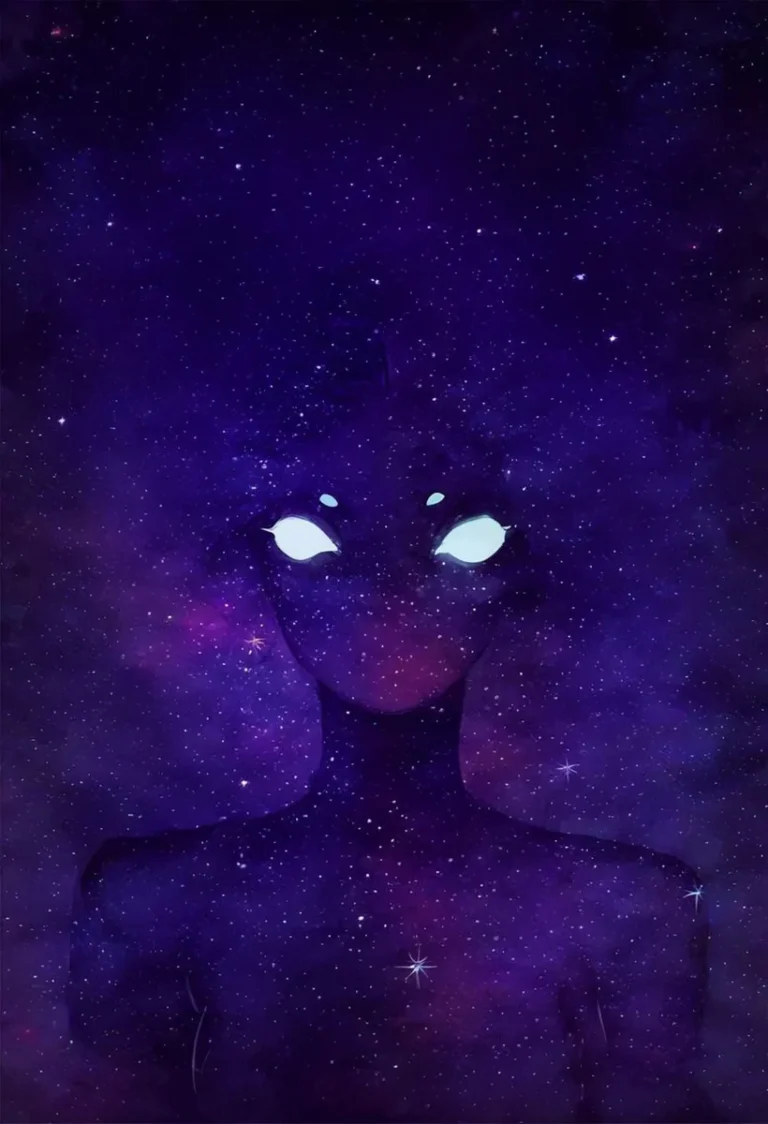 A mystical cosmic being with glowing eyes in a starry galaxy, AI generated using Stable Diffusion.