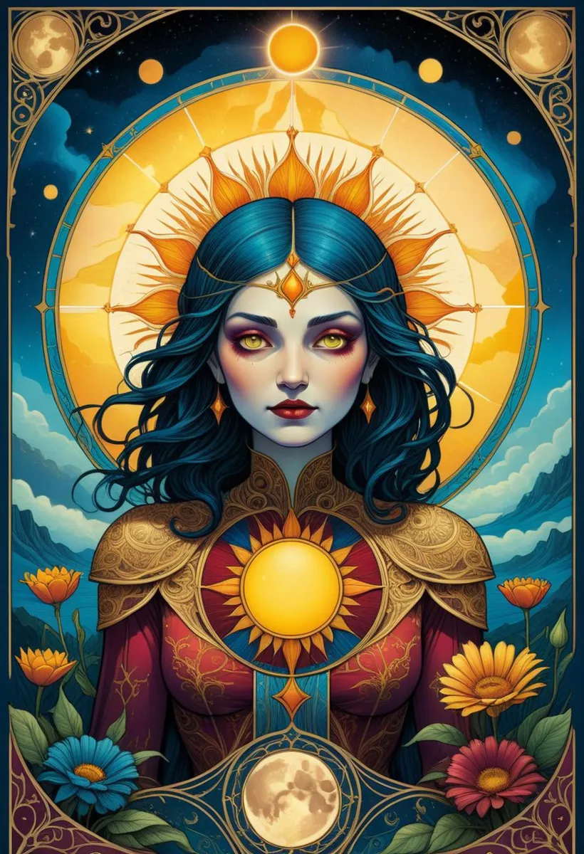 A cosmic goddess with blue hair, golden eyes, and ornate armor, surrounded by celestial elements and flowers, AI generated using Stable Diffusion.