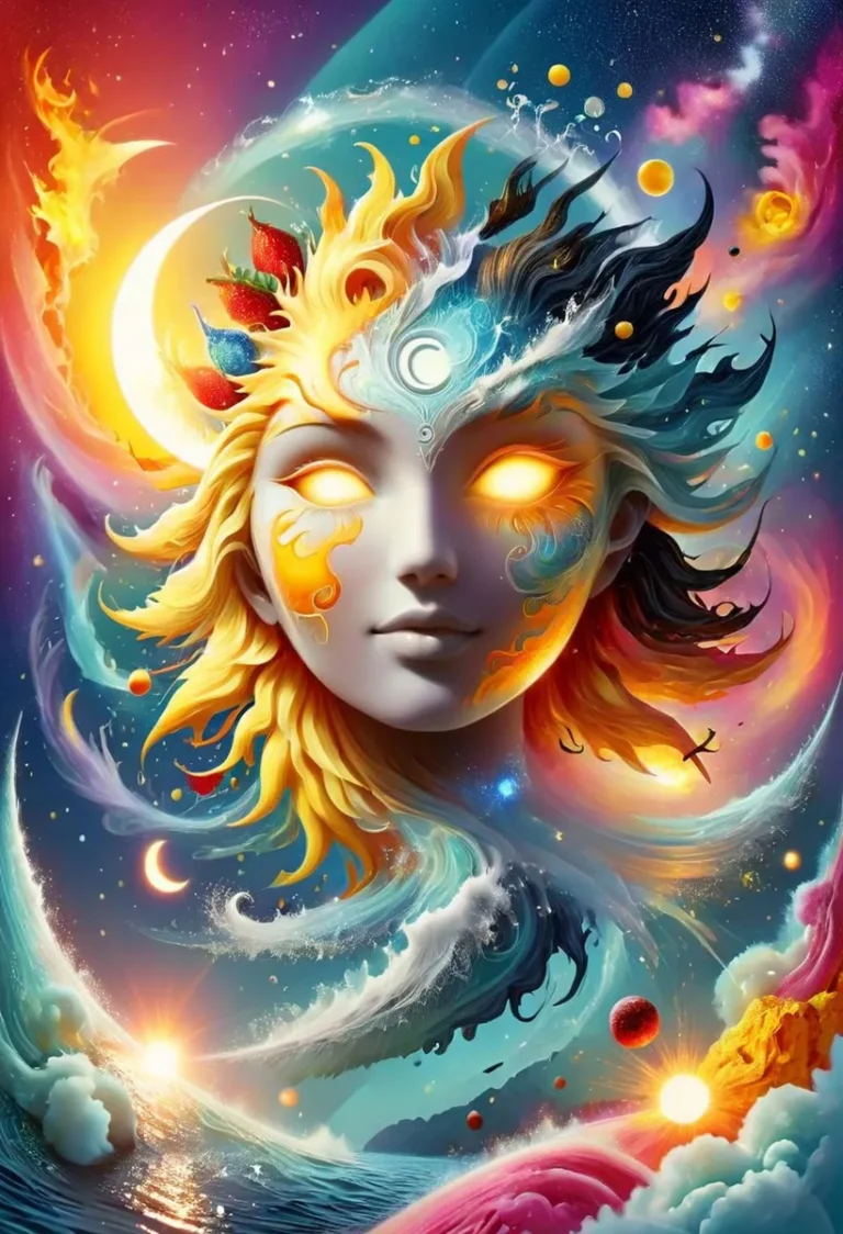 A stunning cosmic goddess with glowing eyes, featuring a blend of celestial elements and vibrant colors, AI generated image using Stable Diffusion.