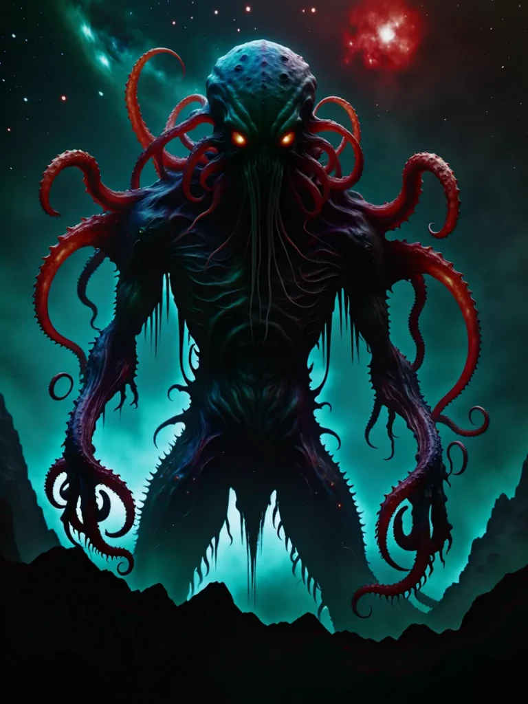 A cosmic horror entity resembling Cthulhu with glowing eyes and numerous red tentacles, set against a background of stars and nebulas. AI generated image using Stable Diffusion.