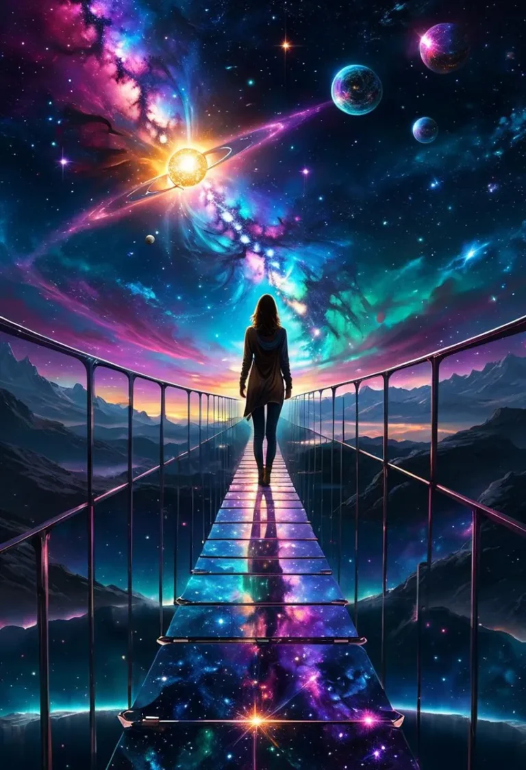 Surreal scene of a woman walking on a bridge through a cosmic galaxy, AI generated with Stable Diffusion.