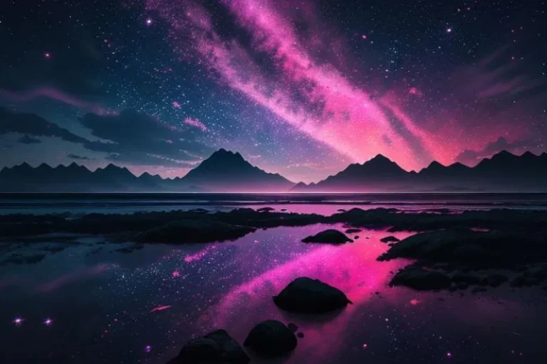 AI generated image using Stable Diffusion of a cosmic landscape with a beautiful night sky and Milky Way reflection in the water.