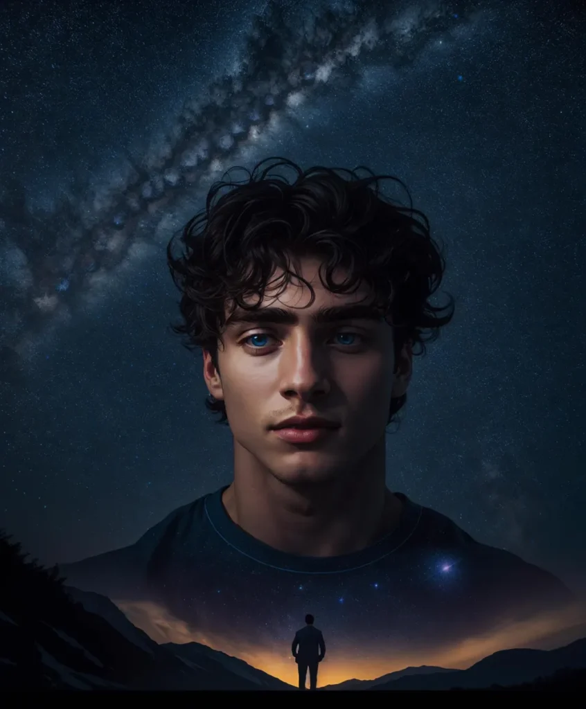 A cosmic portrait featuring a young man with curly hair and piercing blue eyes against a galaxy background. AI generated image using Stable Diffusion.