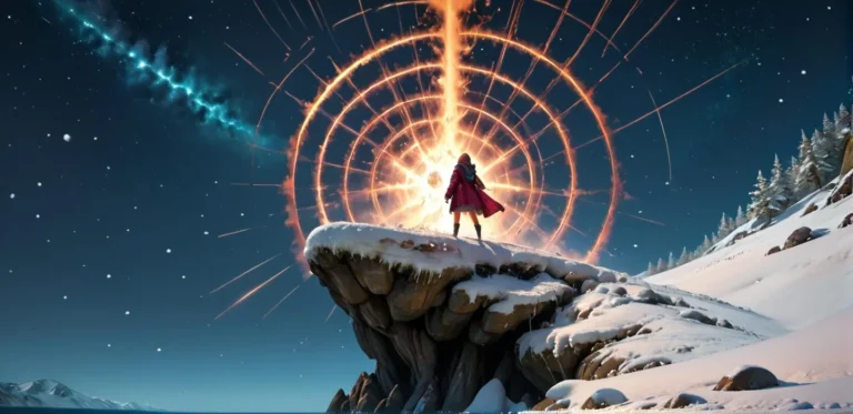 An AI generated image using stable diffusion of a figure in a red cloak standing on a cliff with snow, gazing at a radiant cosmic energy circle above.