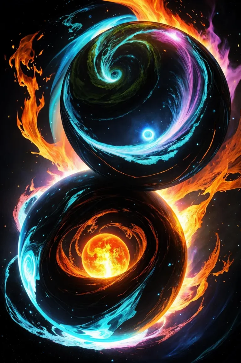 Abstract visual of two swirling orbs, one with fiery flames and the other with icy swirls, generated using Stable Diffusion.