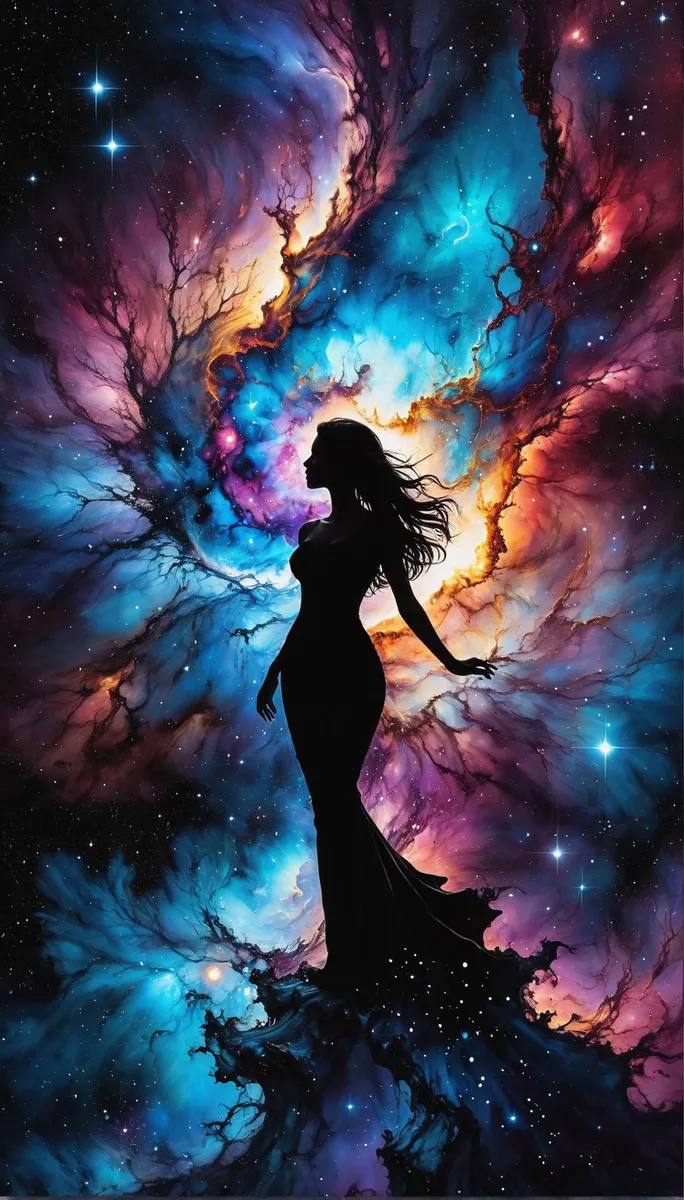 AI generated image of a silhouette of a woman standing in front of a vibrant nebula background using stable diffusion.