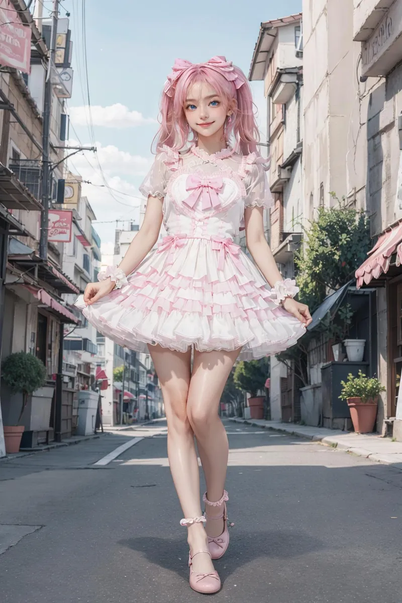 AI generated image using stable diffusion of an anime-style girl in a pink and white frilly dress with matching pink hair, standing in a narrow street.