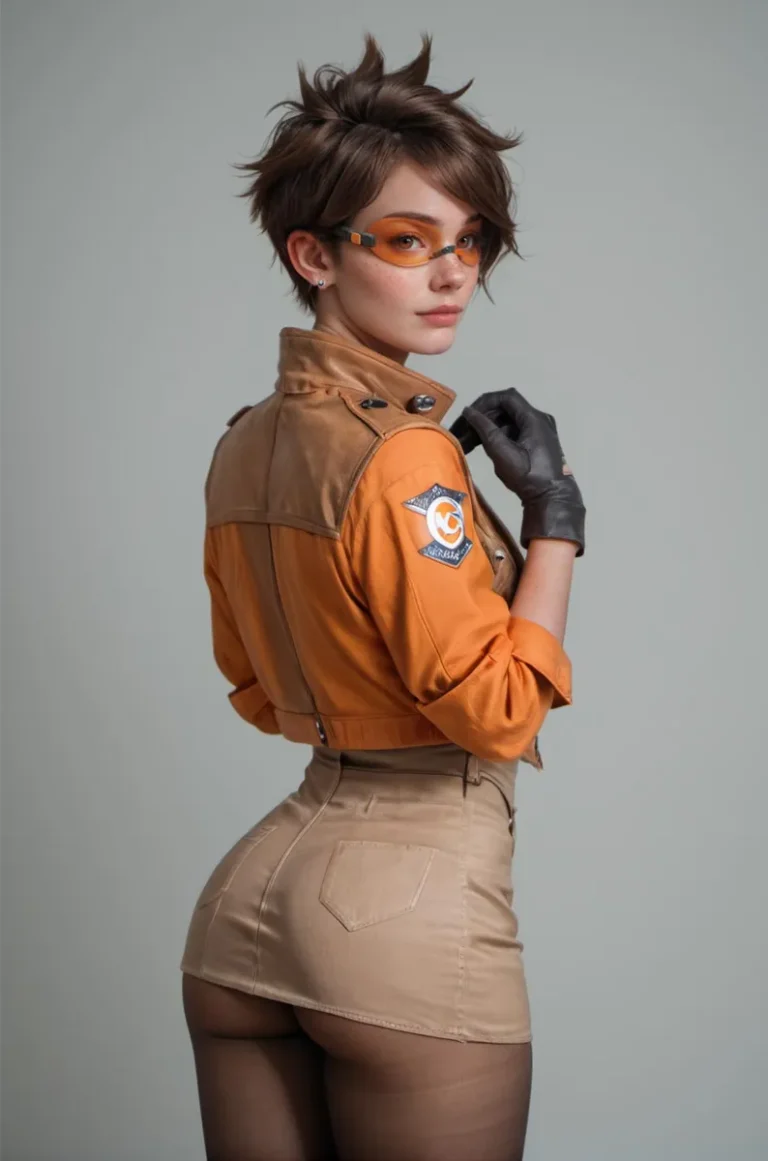 A cosplay model in a futuristic outfit featuring an orange jacket, beige skirt, and orange-tinted glasses. Image is AI-generated using Stable Diffusion.