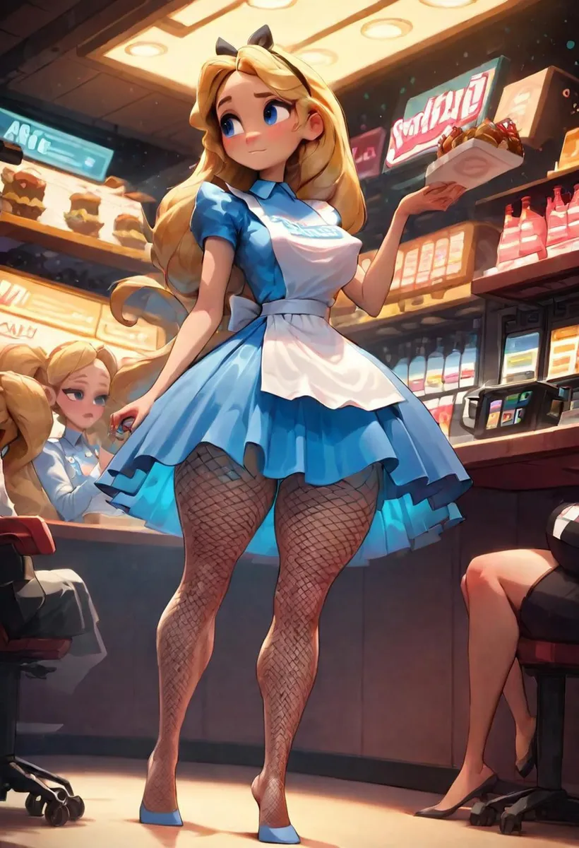 AI generated image using stable diffusion showing a cosplay waitress in an anime style, dressed in a blue maid outfit with white apron and fishnet stockings, standing in a diner.