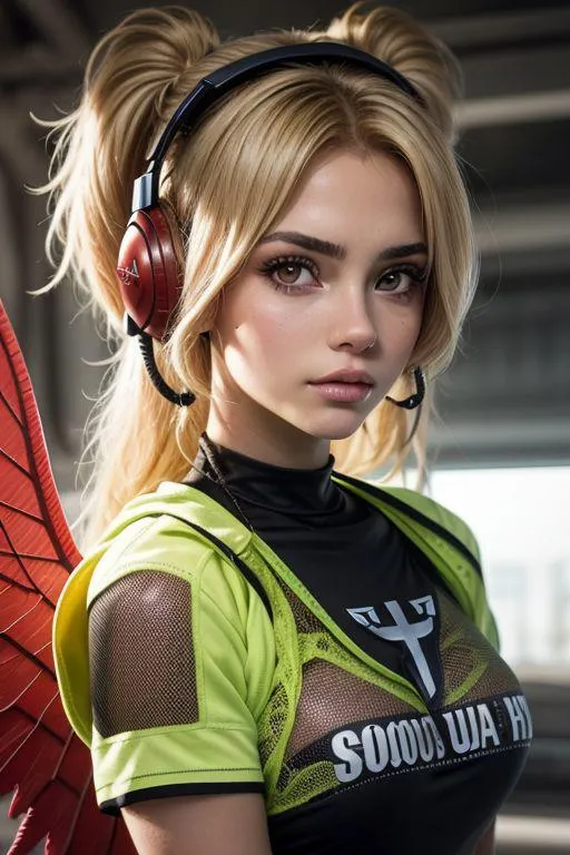 Blonde anime girl cosplayer with ponytails, wearing red headphones and a vibrant green futuristic outfit, showcasing details in her mesh sleeves and wing-like accessories, created using Stable Diffusion AI.