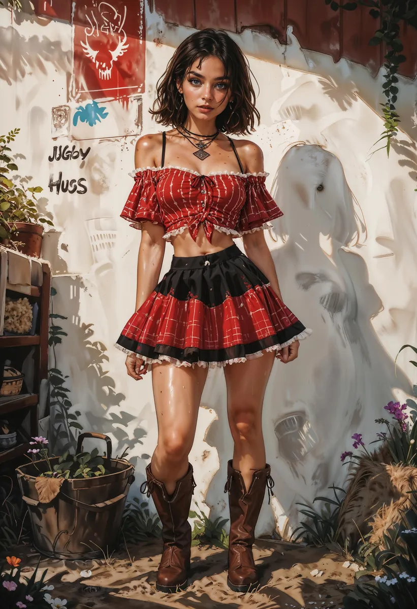 A beautiful cowgirl in a red plaid skirt and off-shoulder top, created using Stable Diffusion AI.