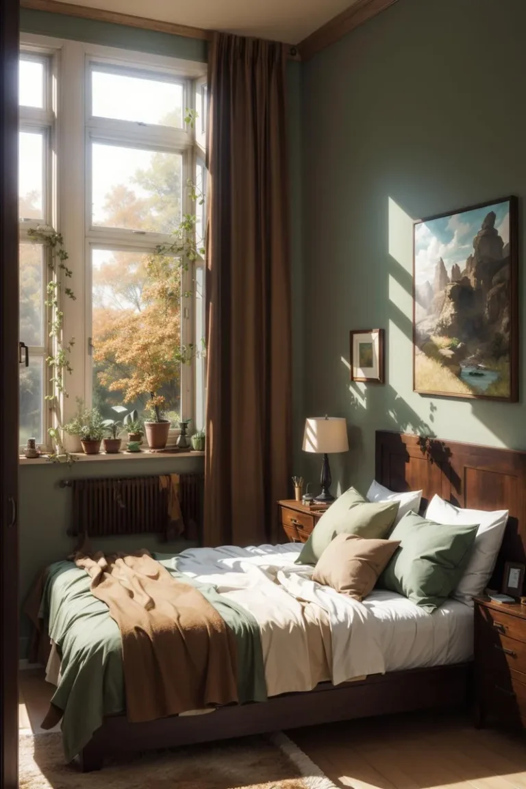 A cozy bedroom with a sunlit window. The room features a neatly made bed with green and brown pillows, indoor plants on the window sill, and a painting of mountains on the wall. This image is AI-generated using Stable Diffusion.