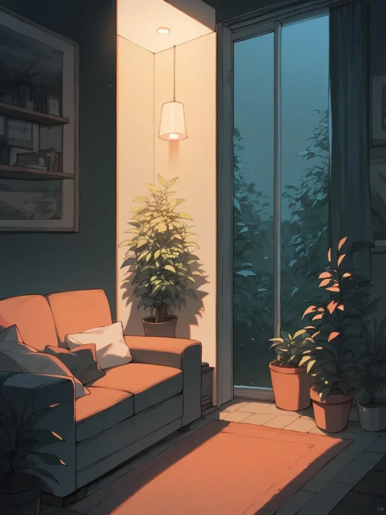 An AI generated image using Stable Diffusion showcasing a cozy living room with evening ambiance, featuring a warm-lit lamp and several house plants.