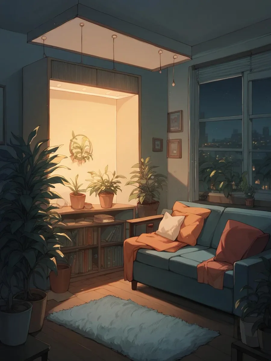 A cozy apartment interior at night with a warm-lit corner, lush plants, a sofa with cushions and blankets, and a fluffy rug, generated using Stable Diffusion.