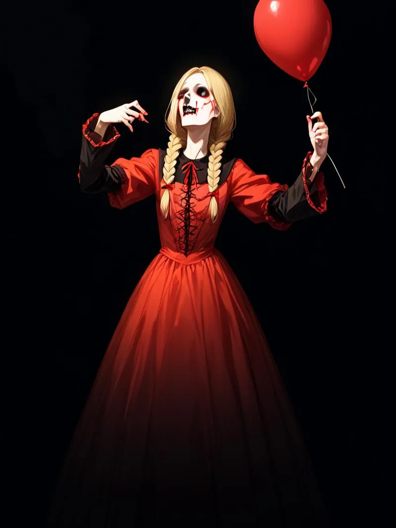 Creepy doll with a skeleton face, dressed in a red gown and holding a red balloon. Emphasize this is an AI generated image using Stable Diffusion.