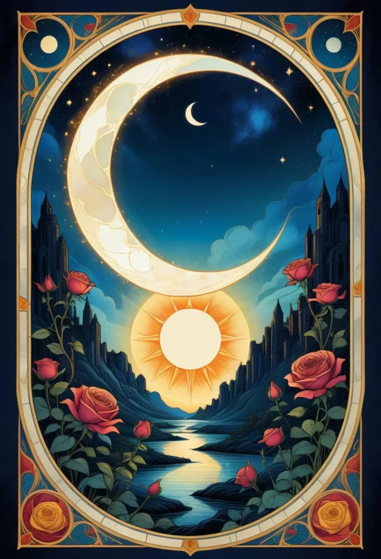 An AI generated image featuring a large crescent moon and a bright sun on a night sky background, adorned with red roses and castles, created in Art Nouveau style using Stable Diffusion.
