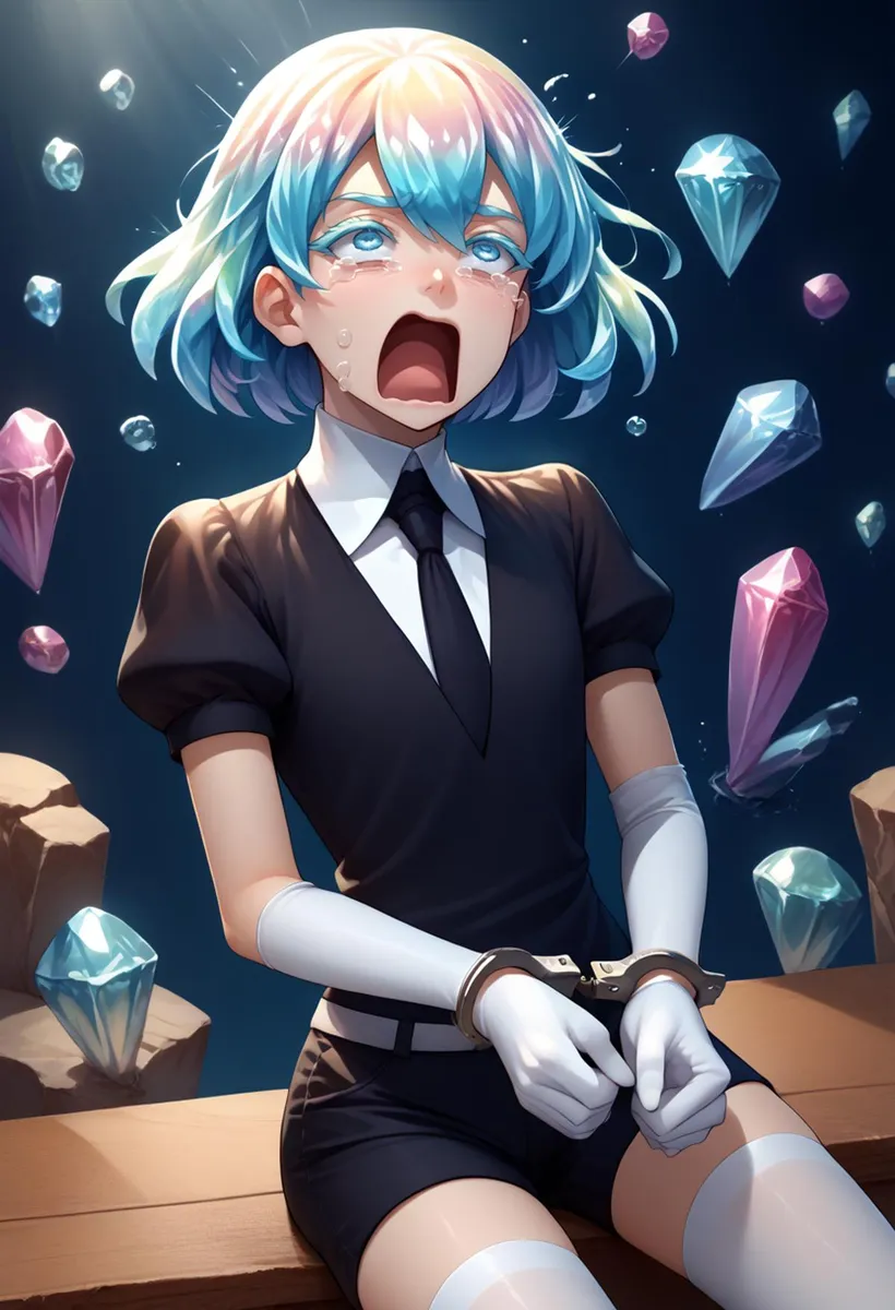 AI generated image using Stable Diffusion of a crying blue-haired anime character with handcuffs and floating gemstones.