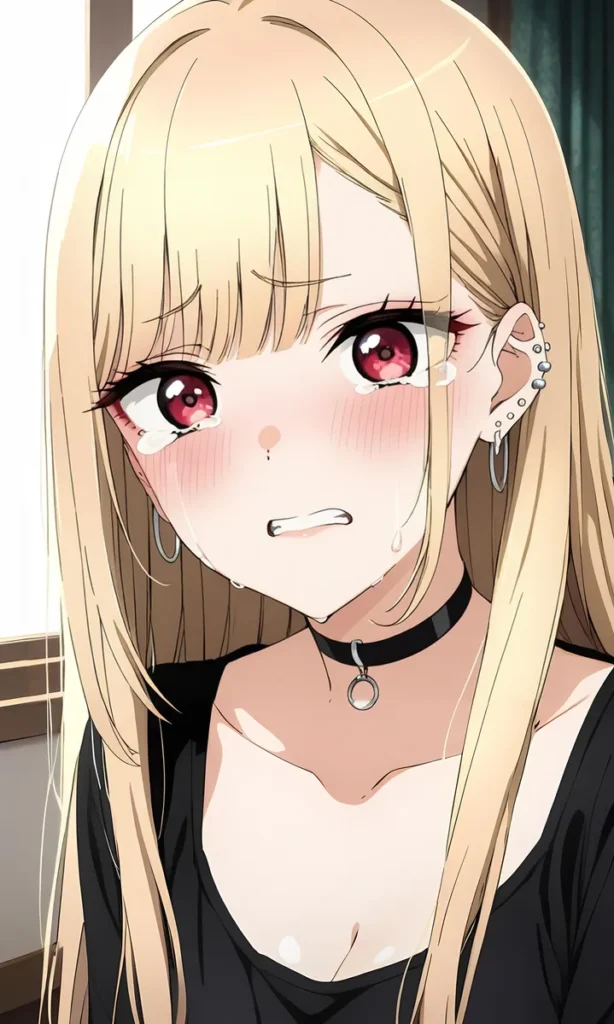 AI generated image of an anime girl with long blond hair, red eyes, and a choker, crying with tears streaming down her face. Created using Stable Diffusion.