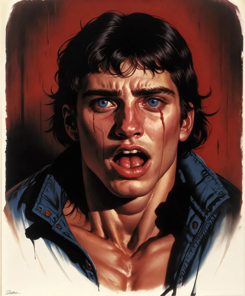 Realistic painting of a crying man with blue eyes and dark hair, AI generated using Stable Diffusion.