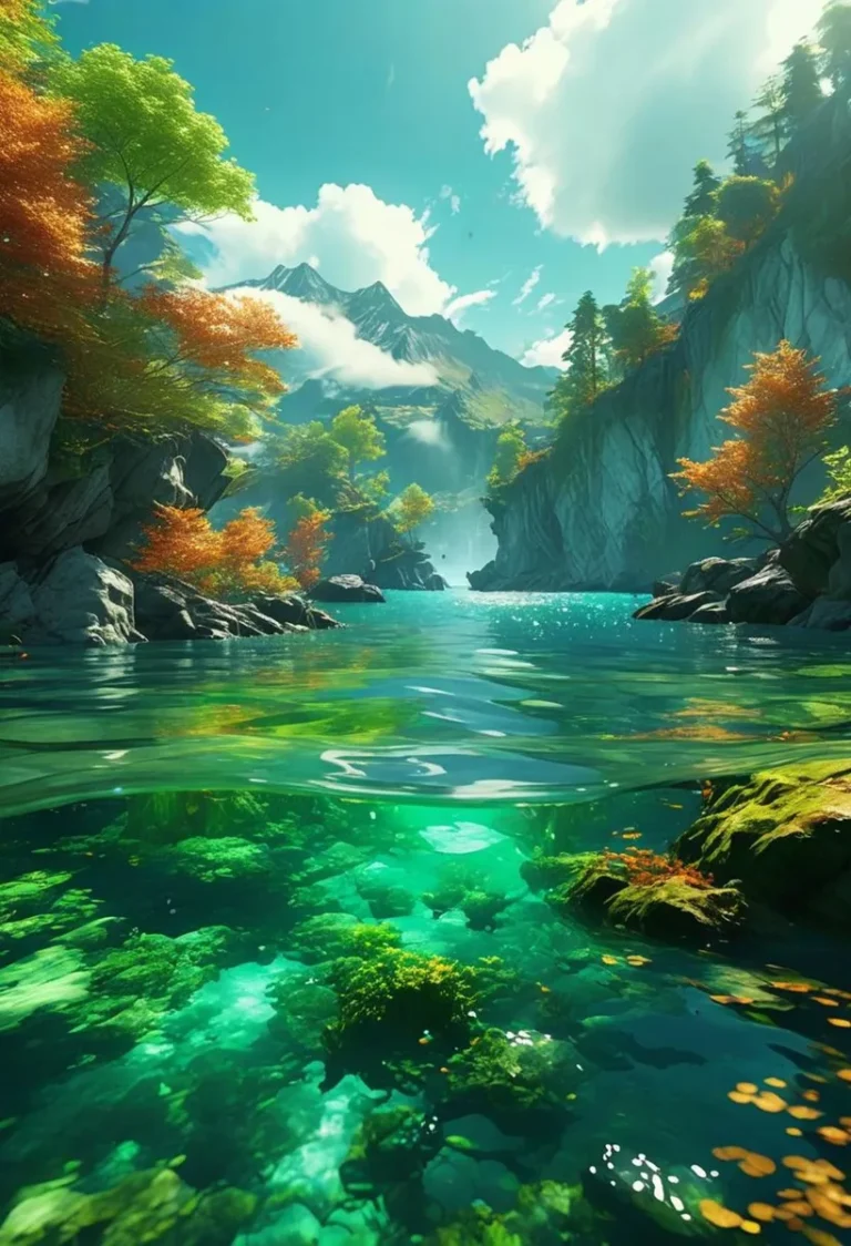 AI generated image of a crystal clear lake with underwater view, surrounded by mountains with autumn-colored trees using stable diffusion.