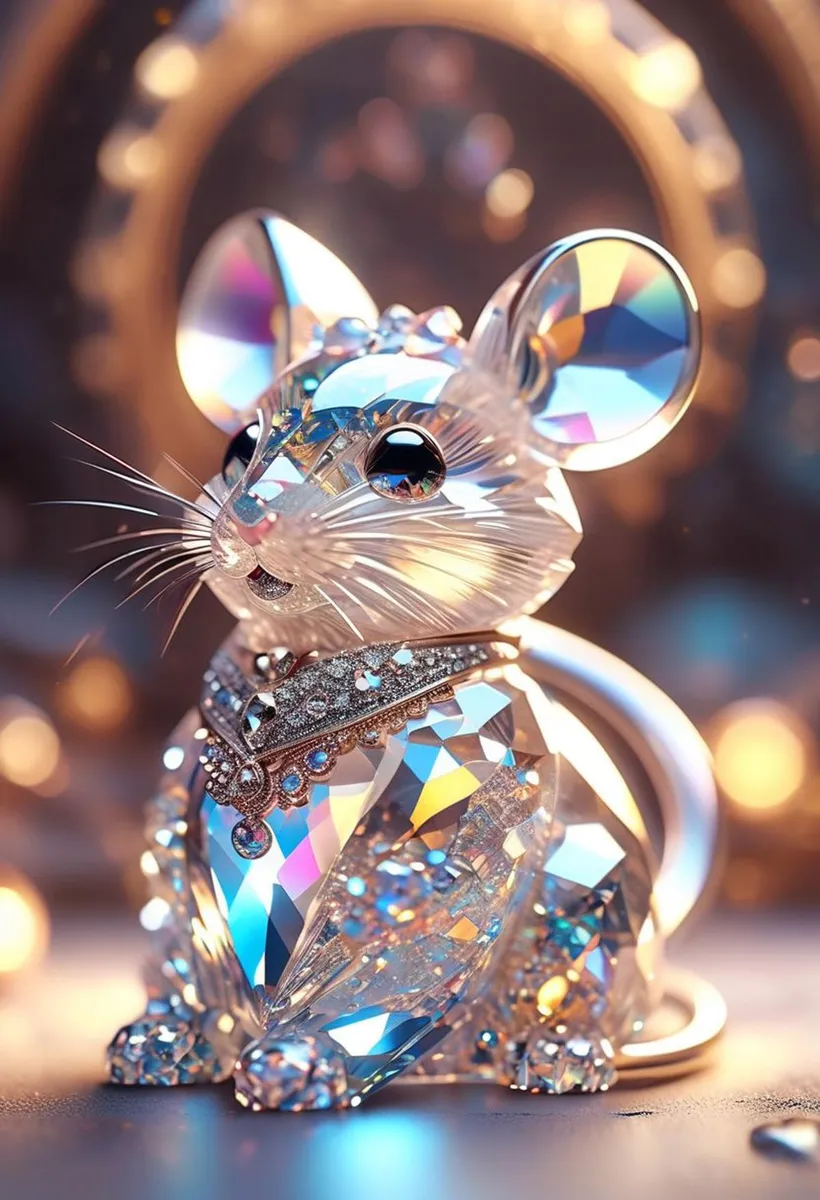 A stunning AI generated image using Stable Diffusion, showcasing a glass crystal mouse ornament with reflective prismatic shards, bedazzled with intricate jewels, against a blurry opulent background.