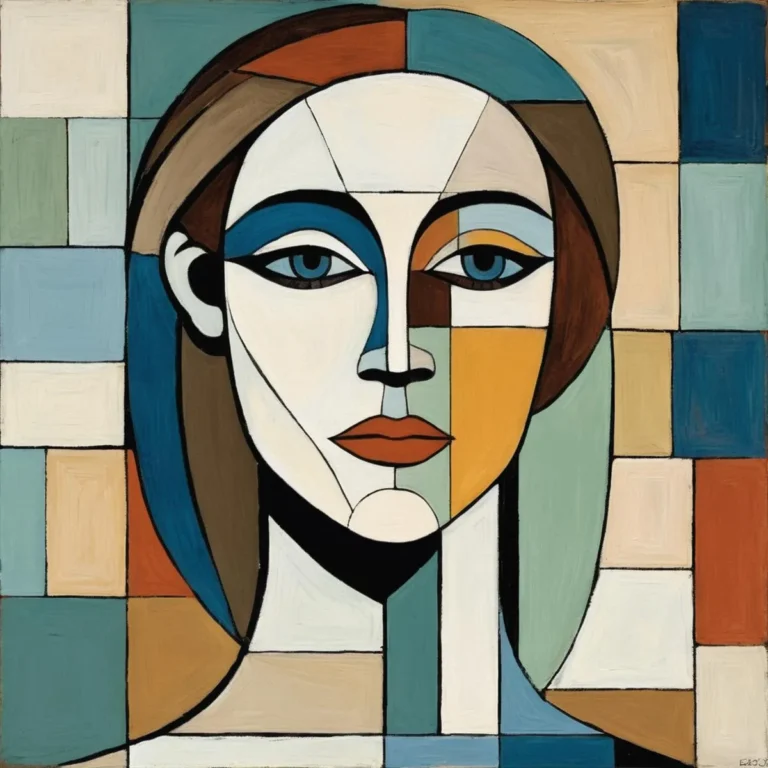Geometric, cubist portrait of an abstract woman with various colored squares. AI generated image using Stable Diffusion.