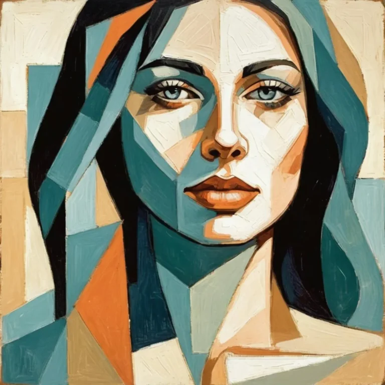 Cubist styled portrait of a woman with geometric shapes and a mix of teal, orange, and beige, created using stable diffusion.