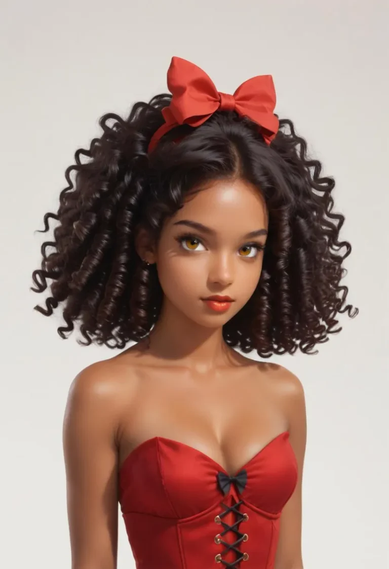 A beautiful woman with voluminous curly hair, wearing a red dress with a large bow, AI generated image using stable diffusion.