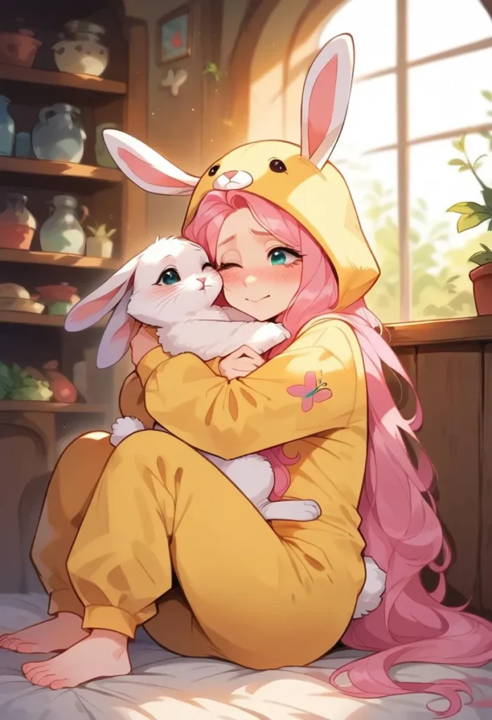 A cute anime girl with pink hair wearing a yellow bunny costume, hugging a white rabbit. Ai generated image using stable diffusion.