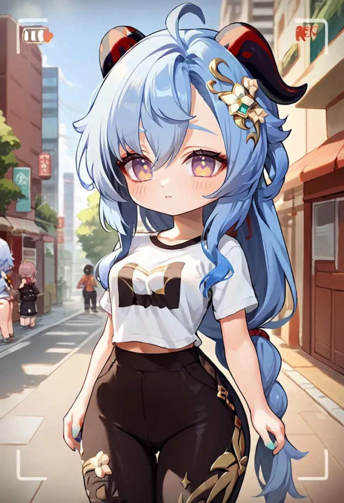 AI-generated anime girl with blue hair and horns, wearing a white crop top and black leggings with gold patterns, standing on an urban street created using Stable Diffusion.