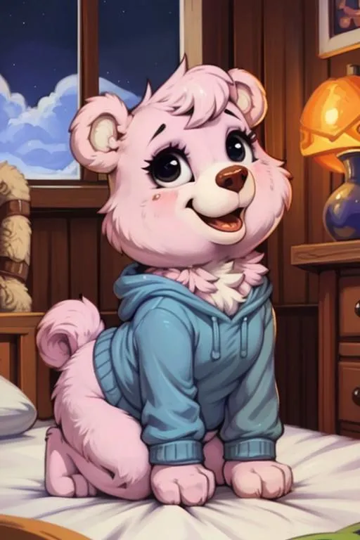 Anthropomorphic pink bear with large expressive eyes, wearing a blue hoodie, sitting on the bed in a cozy bedroom. AI generated image using stable diffusion.