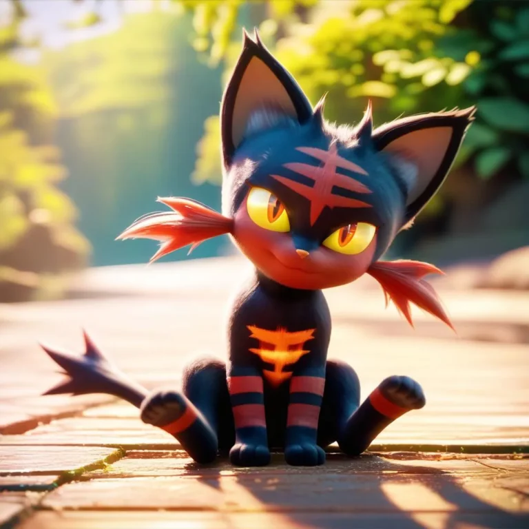 A cute cartoon-style cat with yellow eyes and red markings, sitting outdoors with a blurred background. AI-generated image using Stable Diffusion.