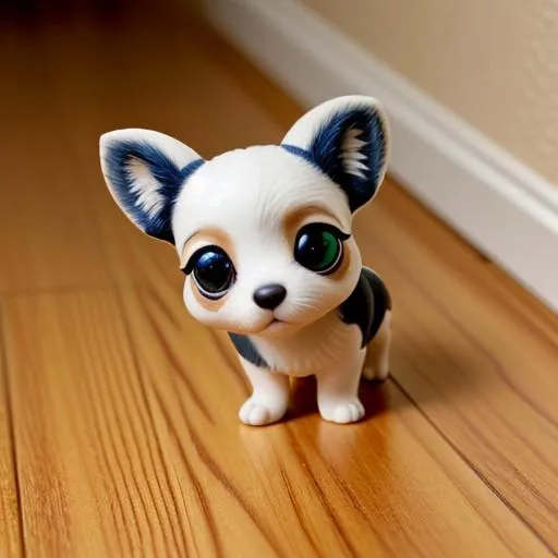 A cute, small Chihuahua puppy with large green eyes and a black and white coat standing on a wooden floor, AI generated image using Stable Diffusion.