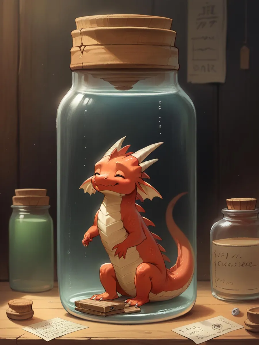 An adorable dragon with orange scales and white belly inside a large glass jar with wooden stopper AI generated using Stable Diffusion.