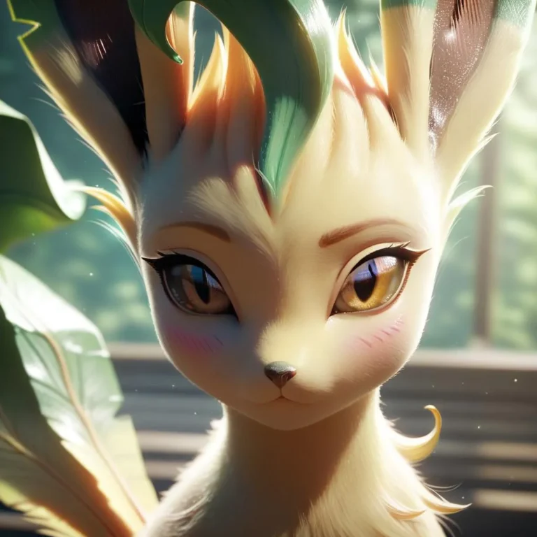A cute anthropomorphic fantasy creature with large ears, golden eyes, and green accents on ears and forehead, created using Stable Diffusion.