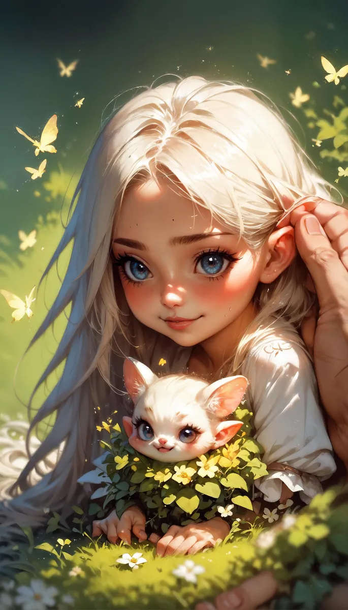 Illustration of a cute girl with long blonde hair in a magical forest holding an adorable kitten with green leaves and clover surrounding it, created by AI using Stable Diffusion.