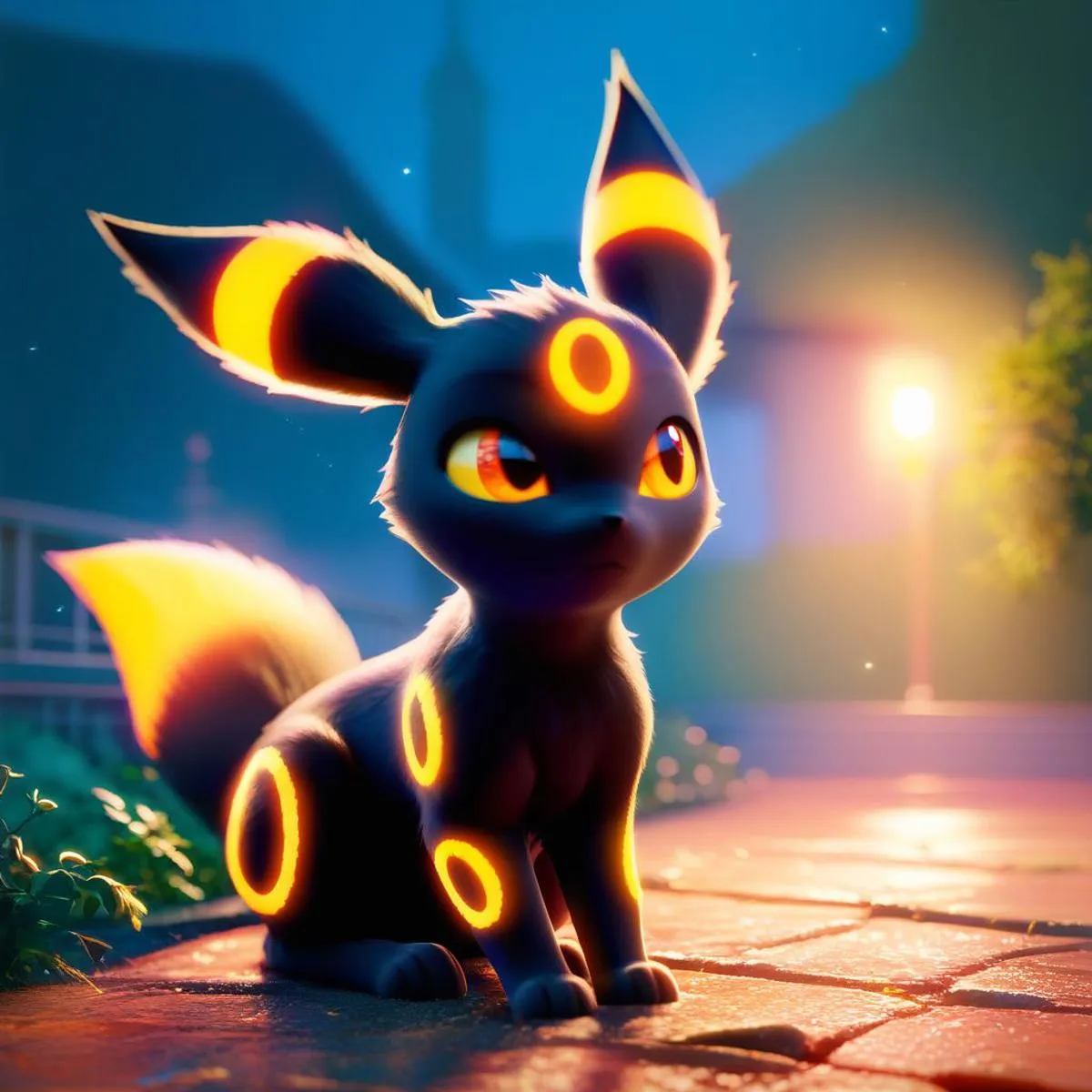 AI generated image of a cute luminescent cat with glowing rings on its body and ears, sitting on a pathway at night using Stable Diffusion.