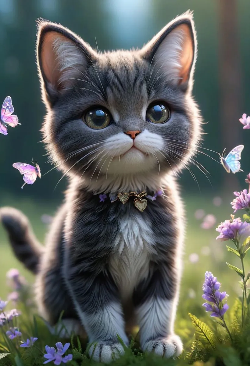 A cute kitten with big, expressive eyes sitting in a garden surrounded by flowers and butterflies, generated using Stable Diffusion.