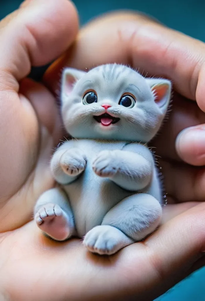An AI generated image of a tiny, adorable gray kitten with big eyes and a happy expression, being gently held in human hands using stable diffusion.