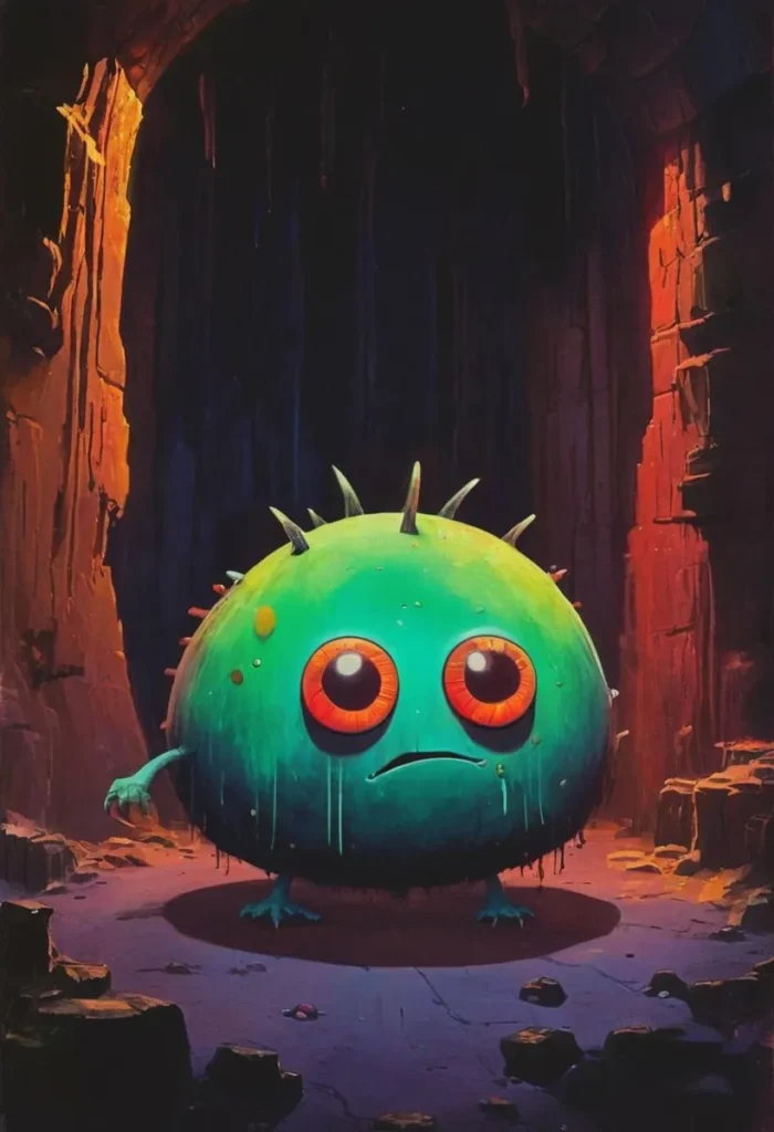 A cute green monster with large round eyes in a dimly lit cavern. This is an AI generated image using stable diffusion.