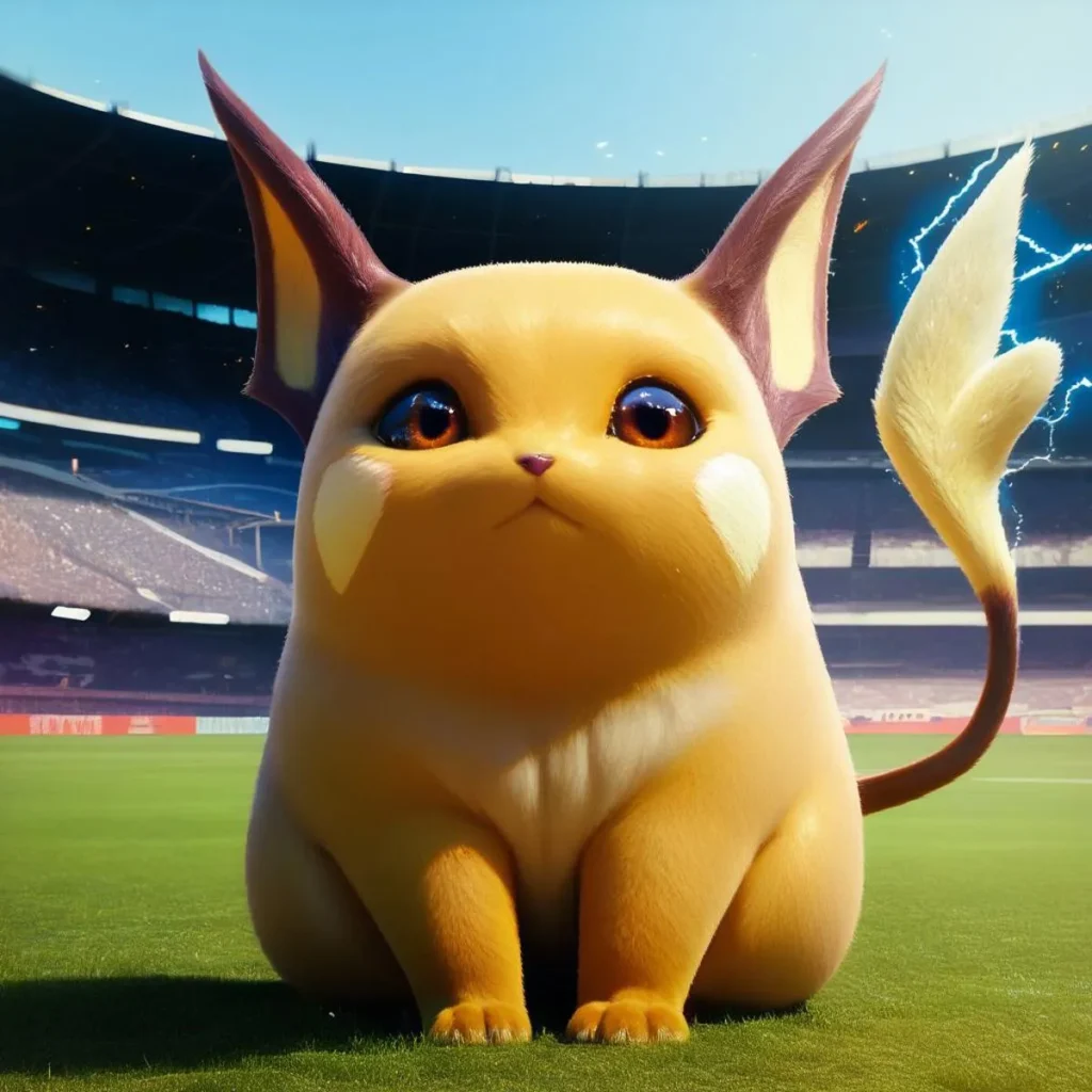 A cute Pikachu sitting in a stadium with bright lighting, AI generated using Stable Diffusion.