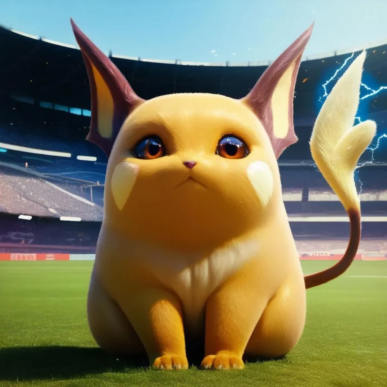 A cute Pikachu sitting in a stadium with bright lighting, AI generated using Stable Diffusion.