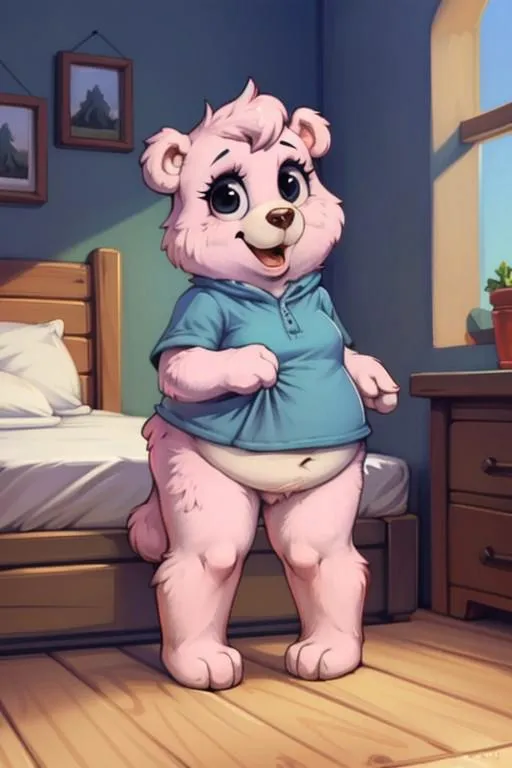 A cute anthropomorphic pink bear wearing a blue shirt standing in a cozy bedroom, created using Stable Diffusion.