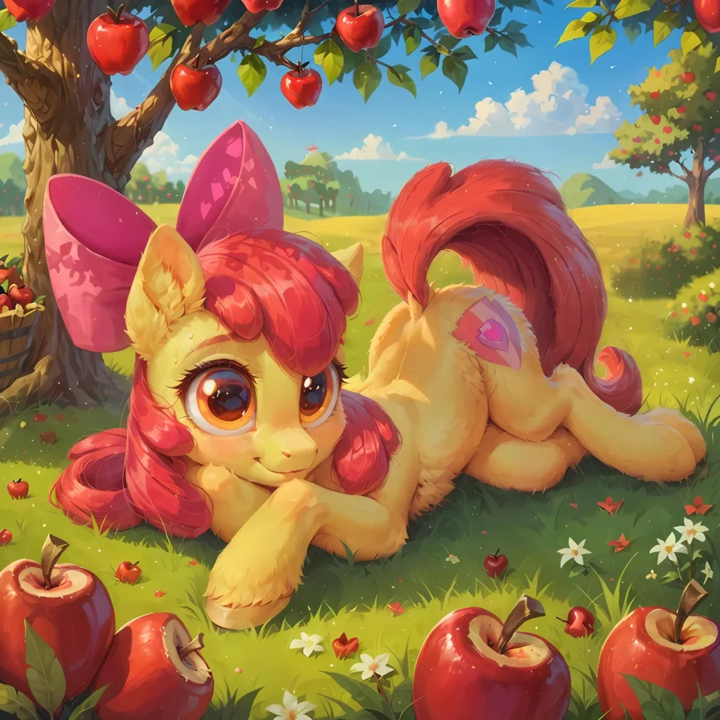 A cute AI-generated pony with a large pink bow, lying on the grass in an apple orchard created using Stable Diffusion.