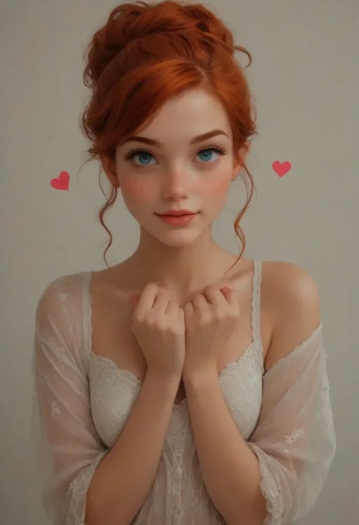 AI generated image using Stable Diffusion, depicting a cute girl with red hair and blue eyes, wearing a light lace top with a blush on her cheeks.