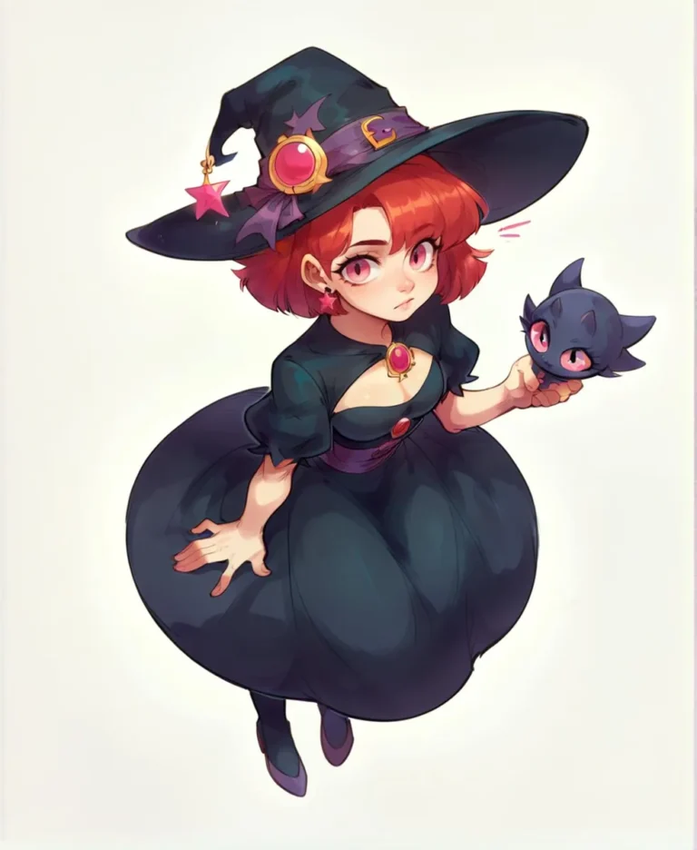 Anime style image of a cute witch with red hair wearing a black dress and hat, holding a small creature. AI generated using stable diffusion.